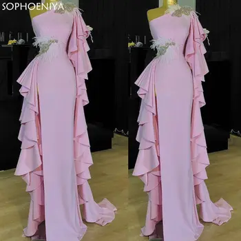 New Sosire Vestidos de fiesta de noche Roz rochii de Seara cu Pene, Margele Șifon Un Umăr Elegantă rochie Formale Sukienki