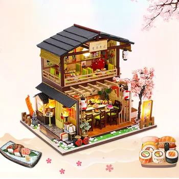 Vintage 3D Păpuși Construirea Modelului Japonez Sushi Restaurant DIY in Miniatura Setul Cadou de Ziua de Lemn de Mari dimensiuni Mobilier Casa Papusa