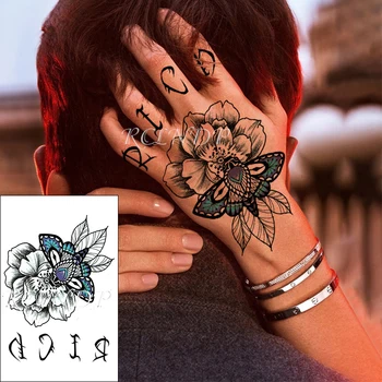 Impermeabil Tatuaj Temporar Autocolant Albastru Fluture Floare Litere 