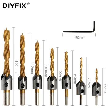 DIYFIX 7Pcs Flaut Countersink Set burghie HSS Titan Acoperit Alezor Set Pentru prelucrarea Lemnului Chamfer 3-10 mm, cu Cheie Hex Instrument