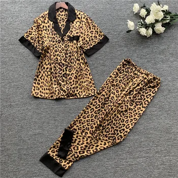 Vară Nouă Sexy Pijamale Femei Rever Sleepwear Moda Leopard De Imprimare Maneca Scurta Pantaloni Lungi Deux-Pieces Pijama