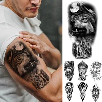 Impermeabil Tatuaj Temporar Autocolant Pădure Wolf Moon Flash Tatuaj Leu Tigru Regele Flori De Trandafir Body Art Brațul Fals Tatuaj Bărbați Femei
